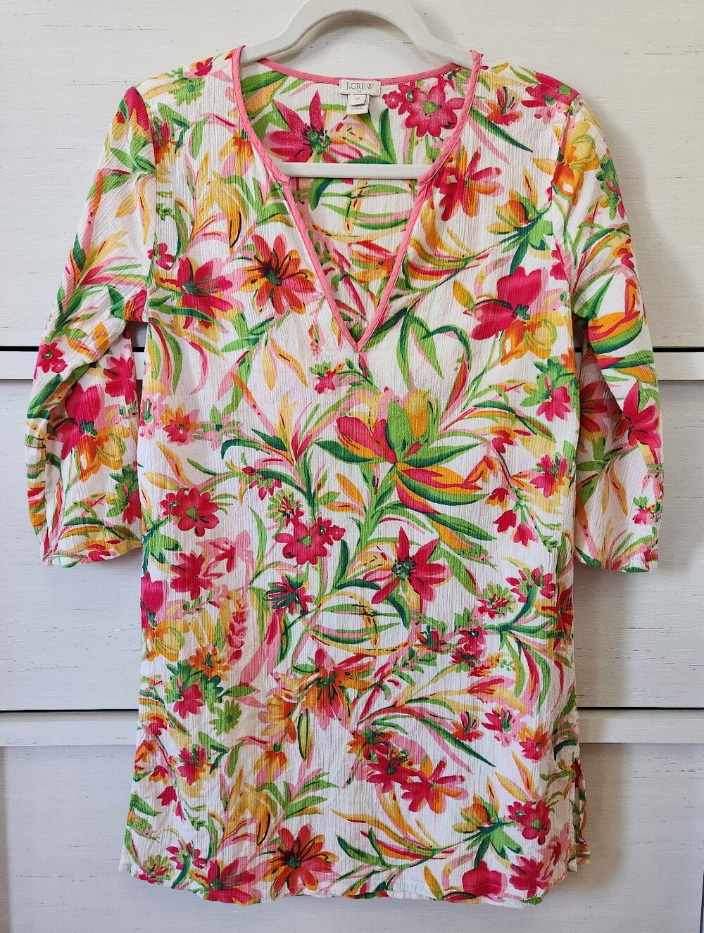 J.Crew pink and green tropical floral textured cotton tunic beach cover-up Sz XS